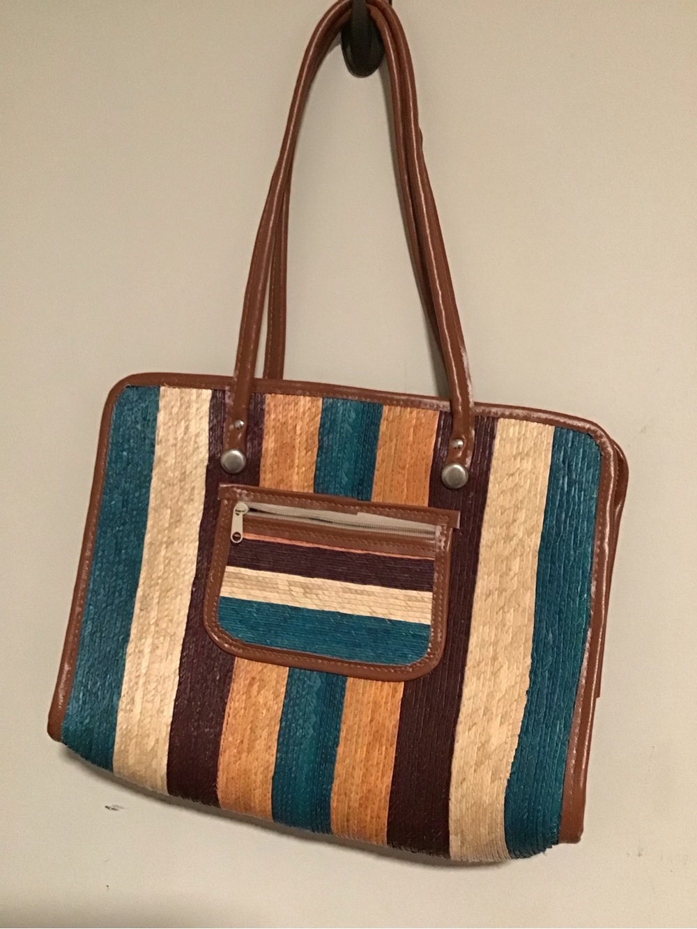 Striped Multicolor Tote Bag with Brown Trim - Picture 2 of 4